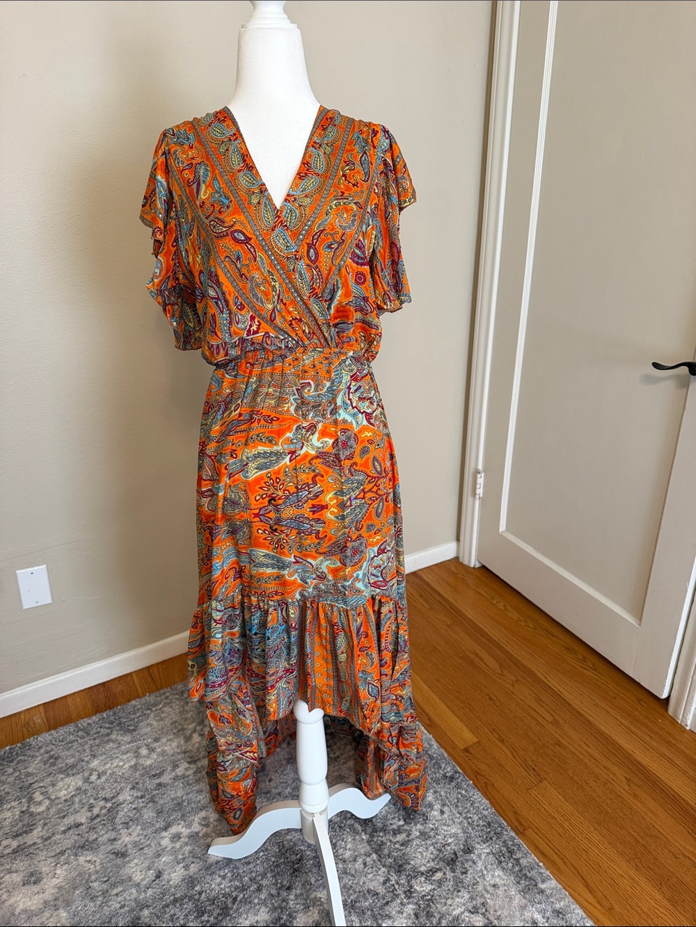 Women's Orange Paisley High-Low Wrap Dress